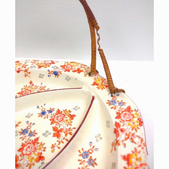 Antique Hand Painted Decorative Divided Plate Rattan Handle Made Japan Floral - Picture 8 of 10